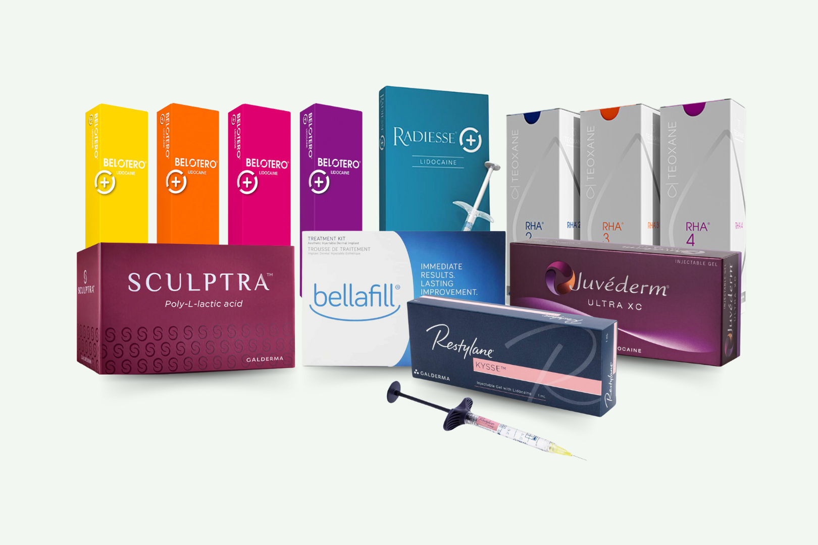 Boxes of various dermal fillers, including Restylane, Juvederm, Radiesse, Bellafill, RHA, and Belotero, used for facial volume restoration and wrinkle reduction.