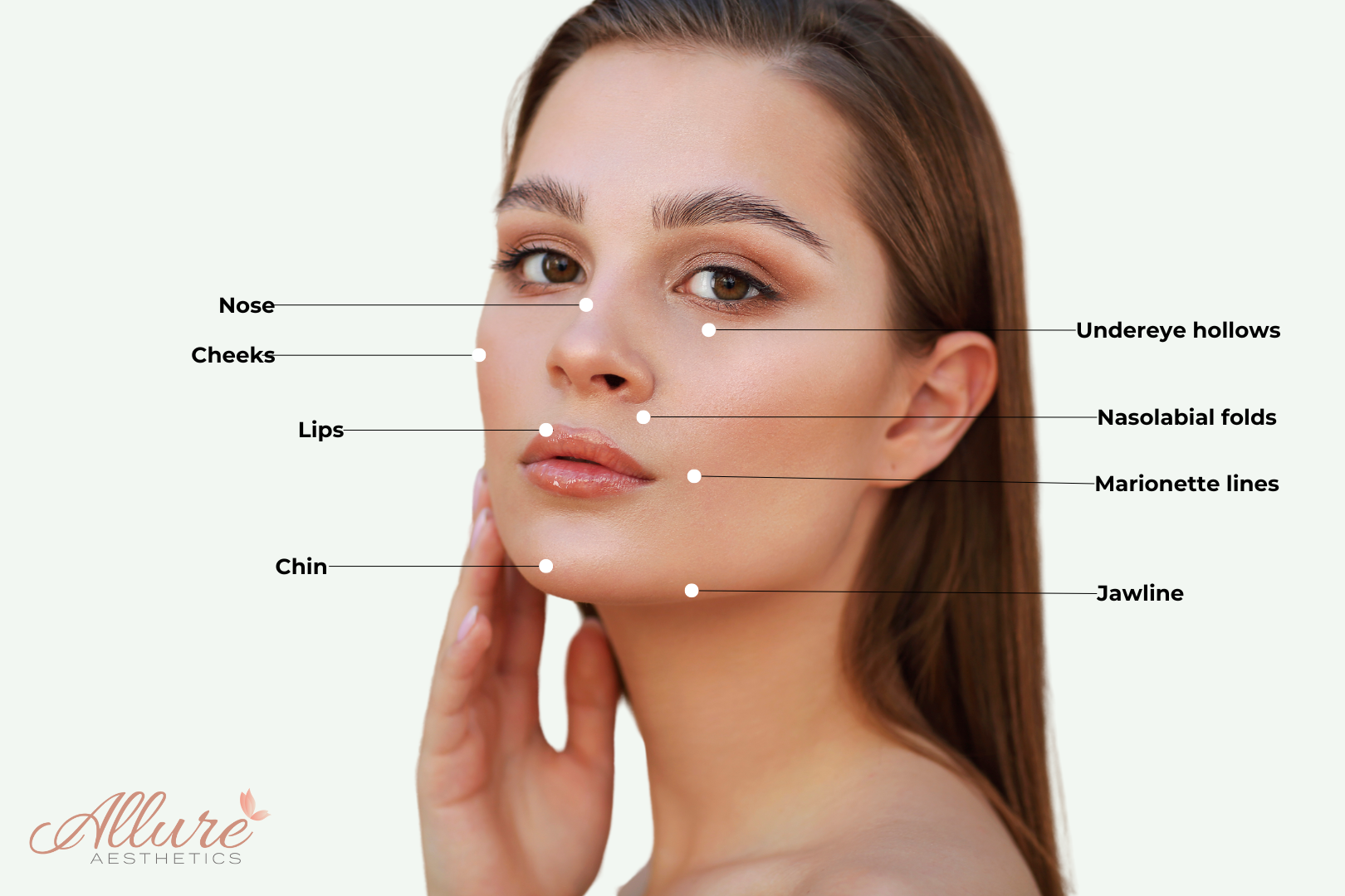 Diagram showing areas of the face that can receive dermal fillers, including lips, nose, cheeks, jawline, and under-eye areas.