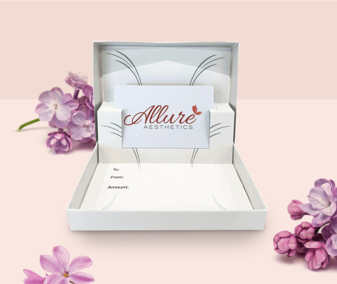 Allure Aesthetics gift card with floral accents, perfect for non-surgical cosmetic treatments in King of Prussia, PA, including injectables and skin care.