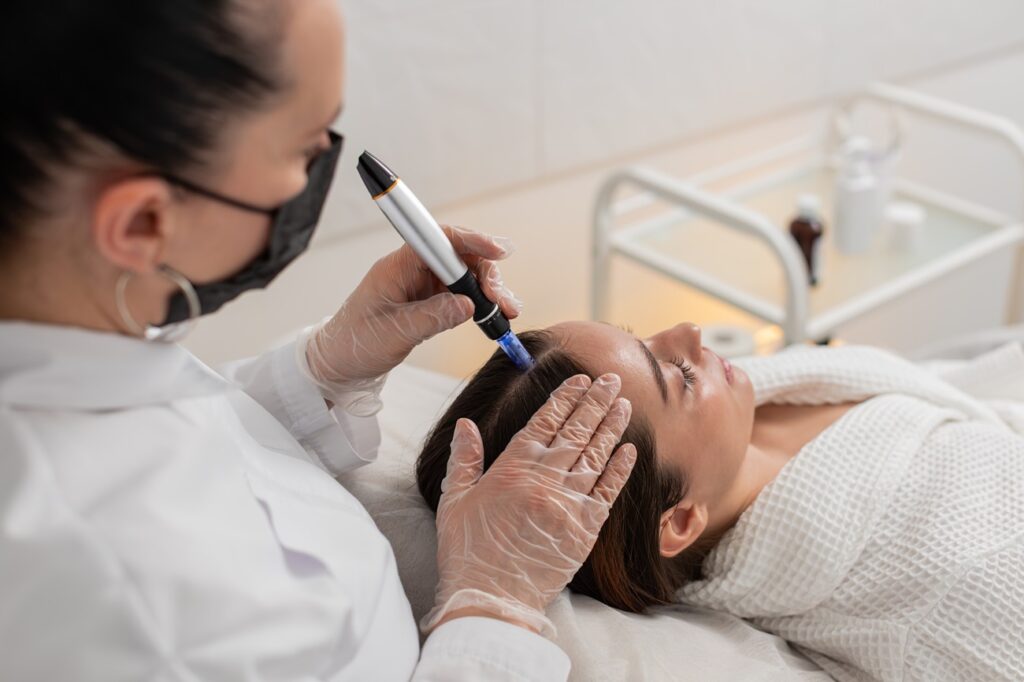 Woman receiving microneedling treatment for skin rejuvenation, a common method for exosome delivery in medical aesthetics.