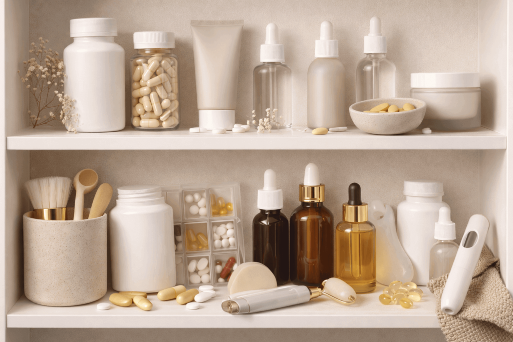 A mix of skincare serums, supplements, and wellness tools displayed on a shelf, illustrating the overwhelming variety of modern health products
