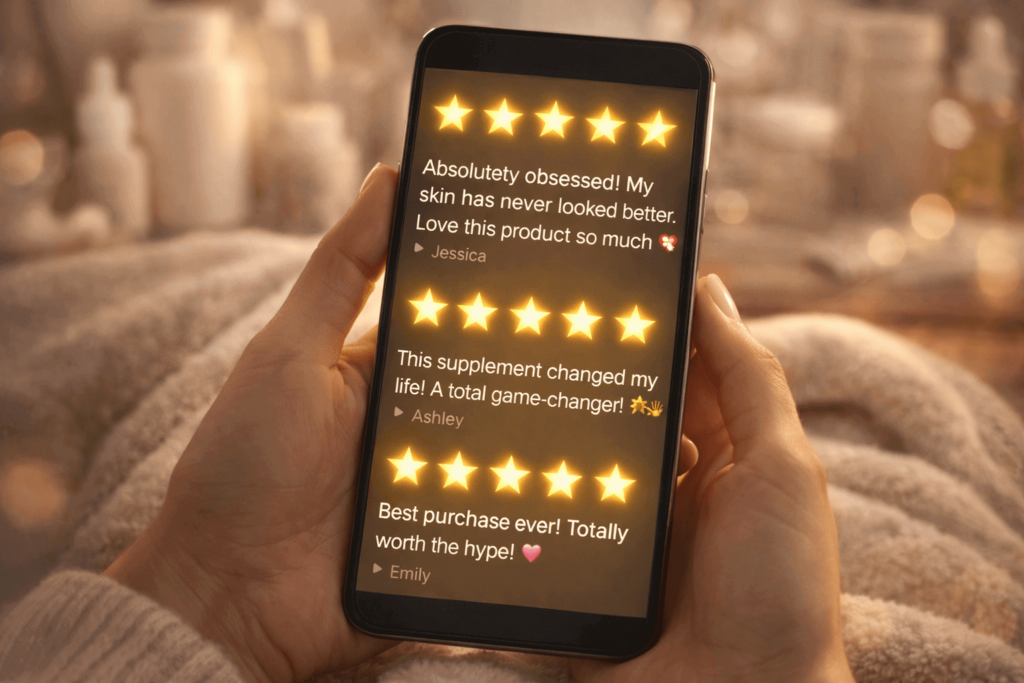 A mobile phone displaying glowing product reviews in a soft, cozy setting, representing how testimonials can influence wellness decisions