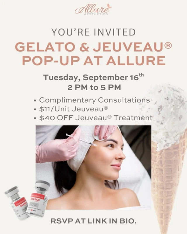I scream, you scream… we all scream for Gelato & Jeuveau®! 🍨

Join us at Allure Aesthetics for a sweet pop-up pairing:
Tuesday, September 16 | 2–5 PM

• $11/unit Jeuveau®
• $40 OFF your Jeuveau® treatment
• Complimentary consultations 
• Complimentary artisan gelato & champagne

Spots are limited — RSVP at the link in bio!