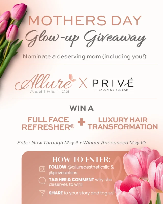 ✨ MOTHER’S DAY GIVEAWAY ✨

This Mother’s Day, we’re celebrating a deserving mom with the ultimate transformation experience 🤍

We’re gifting one incredible mom a Full Face Refresher experience at Allure Aesthetics, paired with a transformational cut & color by Privé Hair Salons).
Know a mom who deserves this? (You can nominate yourself, too 😉) Nominate below 👇

How to enter:
• Follow @allureaestheticsllc + @privesalons 
• Comment and tell us why she deserves this experience (tag her!)
• Share this post to your story

Giveaway closes May 6 at 11:59 PM. Winner will be determined based on engagement, story, and eligibility. The selected winner will be contacted via DM on May 7 and announced on Mother’s Day 💐
—
Winner must be medically eligible for treatment and not pregnant or breastfeeding. Treatment plan will be customized and determined by Allure Aesthetics. Prize is non-transferable and has no cash value. Must be 18+. By entering, you consent to being featured in photo/video content. This giveaway is not sponsored, administered, or associated with Instagram.💕