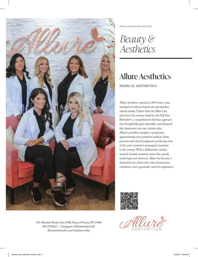 Excited to be included in the 2026 Beauty + Aesthetics Guide in the May issue of Main Line Today magazine ✨

At Allure Aesthetics, we’re passionate about helping our clients feel confident, refreshed, and like the best version of themselves through personalized aesthetic care and natural-looking results. From injectables and skin rejuvenation to wellness and beauty treatments, our team is dedicated to creating an experience that is both elevated and approachable.

We’re incredibly grateful for the continued support from our clients and community, thank you for trusting us with your care and allowing us to do what we love every day. 🤍

Be sure to pick up the May issue and check out this year’s guide!

#AllureAesthetics #MainLineToday #BeautyAndAestheticsGuide