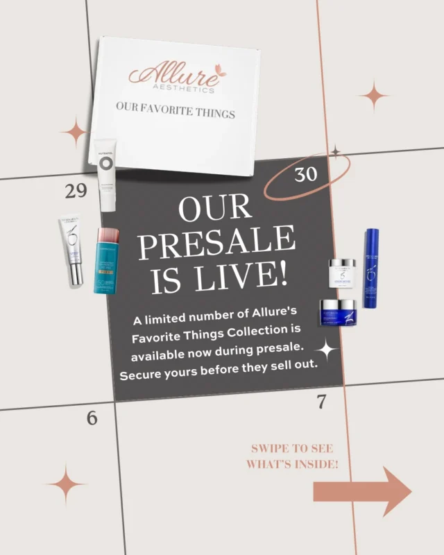 Congratulations to @jennadom on winning our very first Allure’s Favorite Things Collection! 🤍

And to the 500+ of you who entered, thank you. We are so grateful for the excitement and support you’ve shown. 💕

Today, we’re officially opening pre-sale for the first-ever Allure’s Favorite Things Collection. 🙌🏼

Thoughtfully curated by our providers, this limited-edition collection includes over $1,200 worth of skincare for $650.

Every qualifying pre-sale order will also receive a complimentary ZO Travel Firming Serum (a $147 value).
Your collection includes step-by-step instructions, plus ongoing support from our Registered Nurse and Skin Health Expert to help you get the most from your skincare routine.

Because this is a limited release, only a select number of collections are available during pre-sale, with a limit of one collection per person. To reserve yours, call or text Allure Aesthetics at 610-393-1253. Full payment is required at the time of purchase. 

Collections will be available for complimentary shipping or in-office pickup beginning July 24. We can’t wait for you to experience our very first Favorite Things Collection. 🤍 #alluresfavoritethings #fyp #beauty #skincare #giveaway