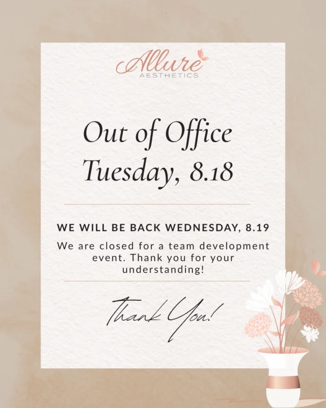 Our office will be closed tomorrow, Tuesday, August 18th, for a team development event. We will resume normal business hours on Wednesday, August 19th. Thank you for your understanding! 🤍
