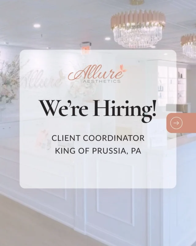 We’re hiring a Client Coordinator to join our team in King of Prussia. 🤍 Swipe to learn more!

As a Client Coordinator, you’ll be part of the experience from the moment a client walks through our doors, helping with scheduling, communication, check-in and checkout, supporting our providers, and keeping each day running smoothly.

We’re looking for someone who is warm, polished, proactive, detail-oriented, and always willing to go the extra mile to create an exceptional experience.

No prior medical or aesthetics experience is required. We’re happy to train the right candidate!

📍 King of Prussia, PA (Full Time & Onsite) 
🤍 Client Coordinator
📲 Visit the Careers page through the link in our bio to learn more and apply.

Know someone who would be perfect for Allure? Send them this post. 💕

#jobskop #kingofprussia #greaterphiladelphia #aestheticskop